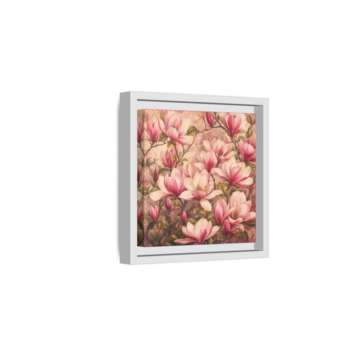 Side Mockup 1. Timeless Heritage Painting Pink Magnolia Blossoms On Branch shown as stretched canvas wall art