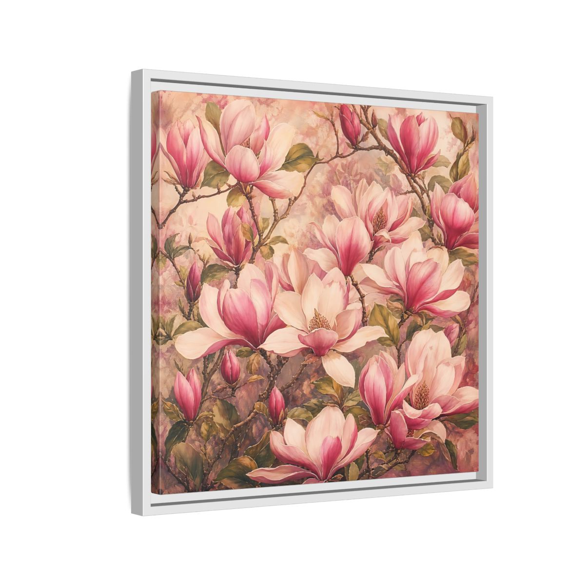 Side Mockup 10. Timeless Heritage Painting Pink Magnolia Blossoms On Branch shown as stretched canvas wall art