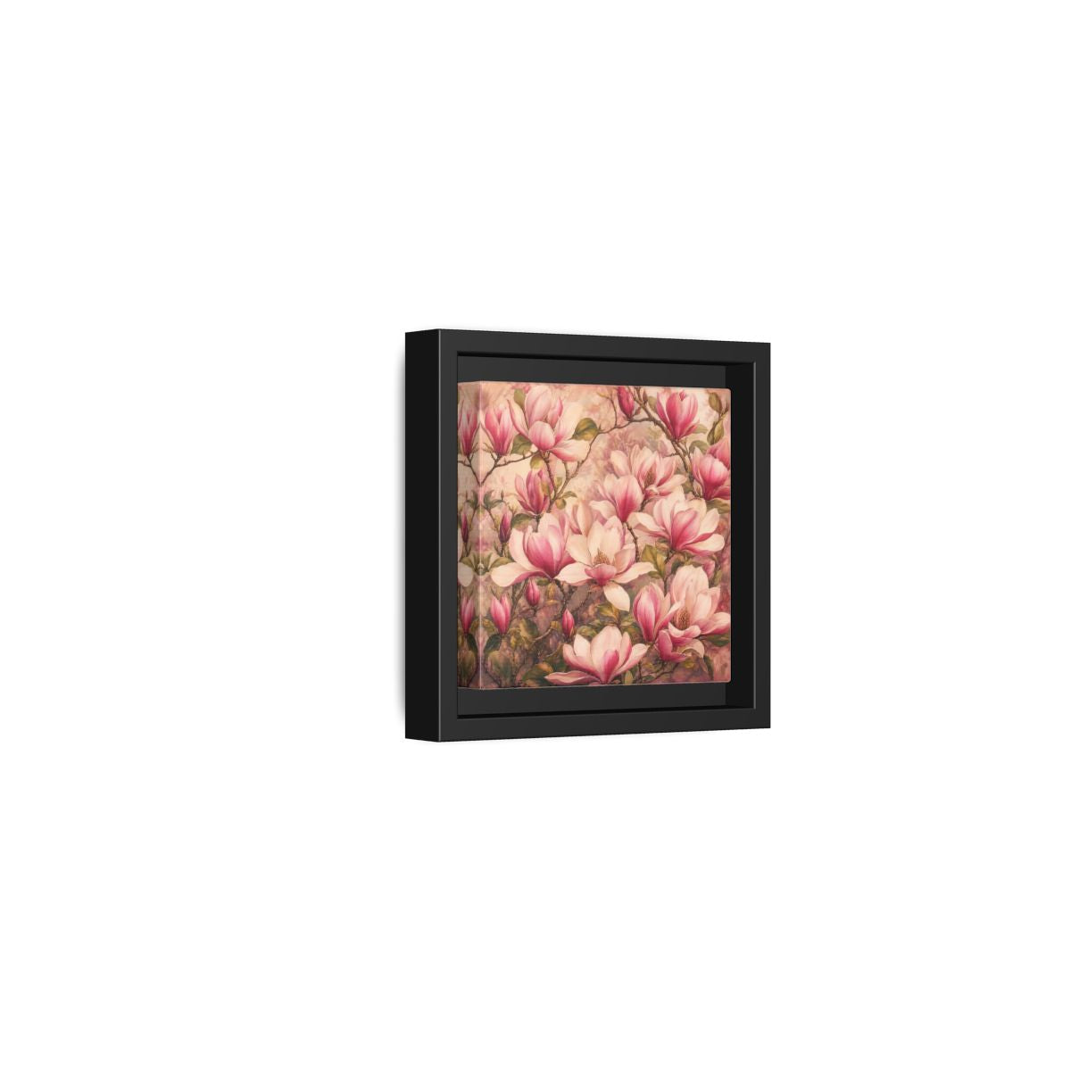 Side Mockup 24. Timeless Heritage Painting Pink Magnolia Blossoms On Branch shown as stretched canvas wall art