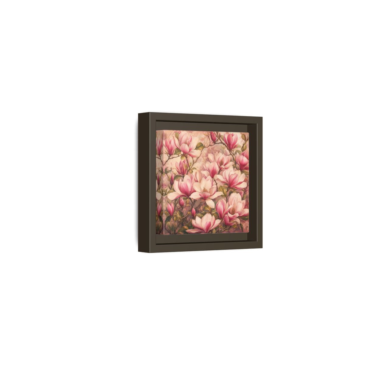 Side Mockup 23. Timeless Heritage Painting Pink Magnolia Blossoms On Branch shown as stretched canvas wall art