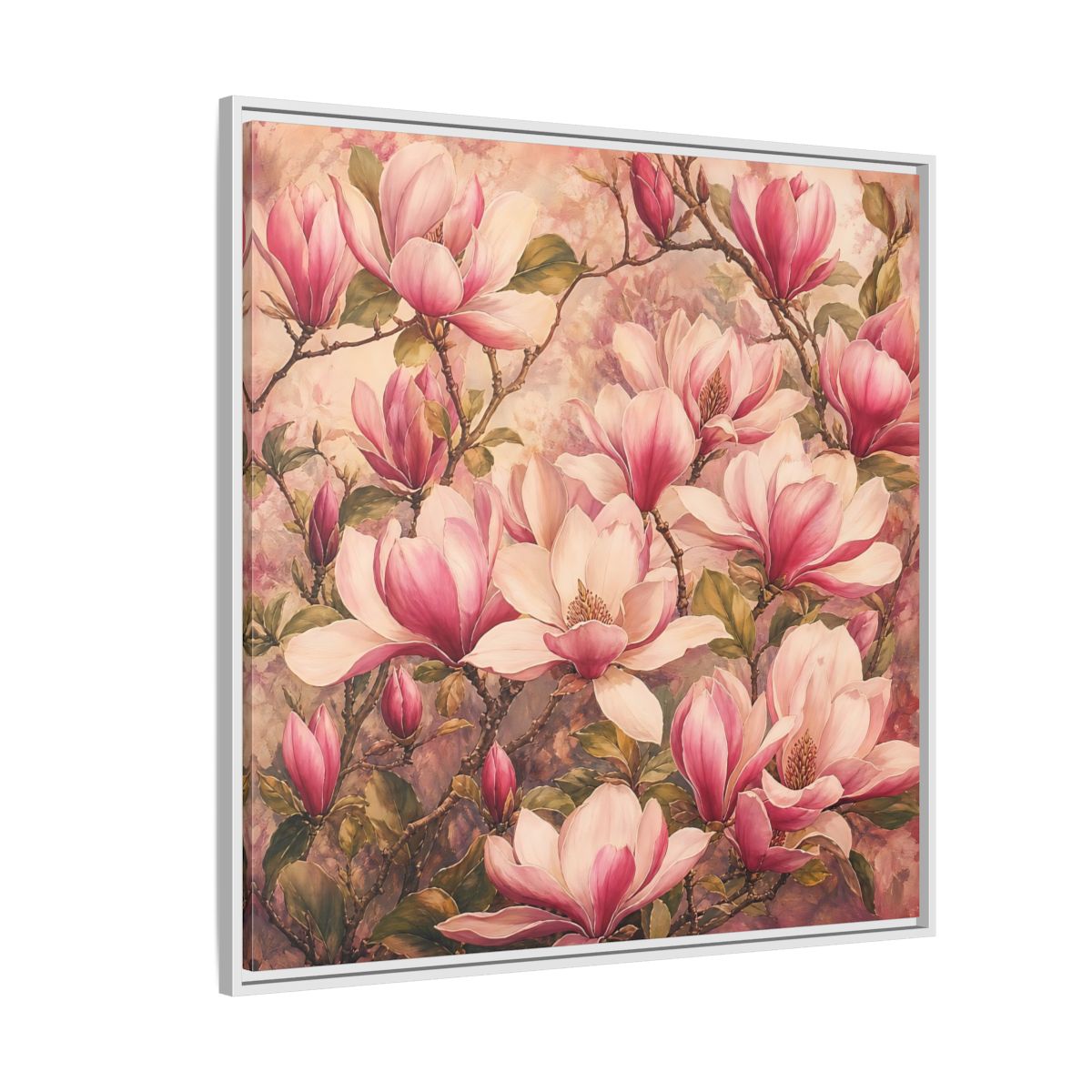Side Mockup 4. Timeless Heritage Painting Pink Magnolia Blossoms On Branch shown as stretched canvas wall art