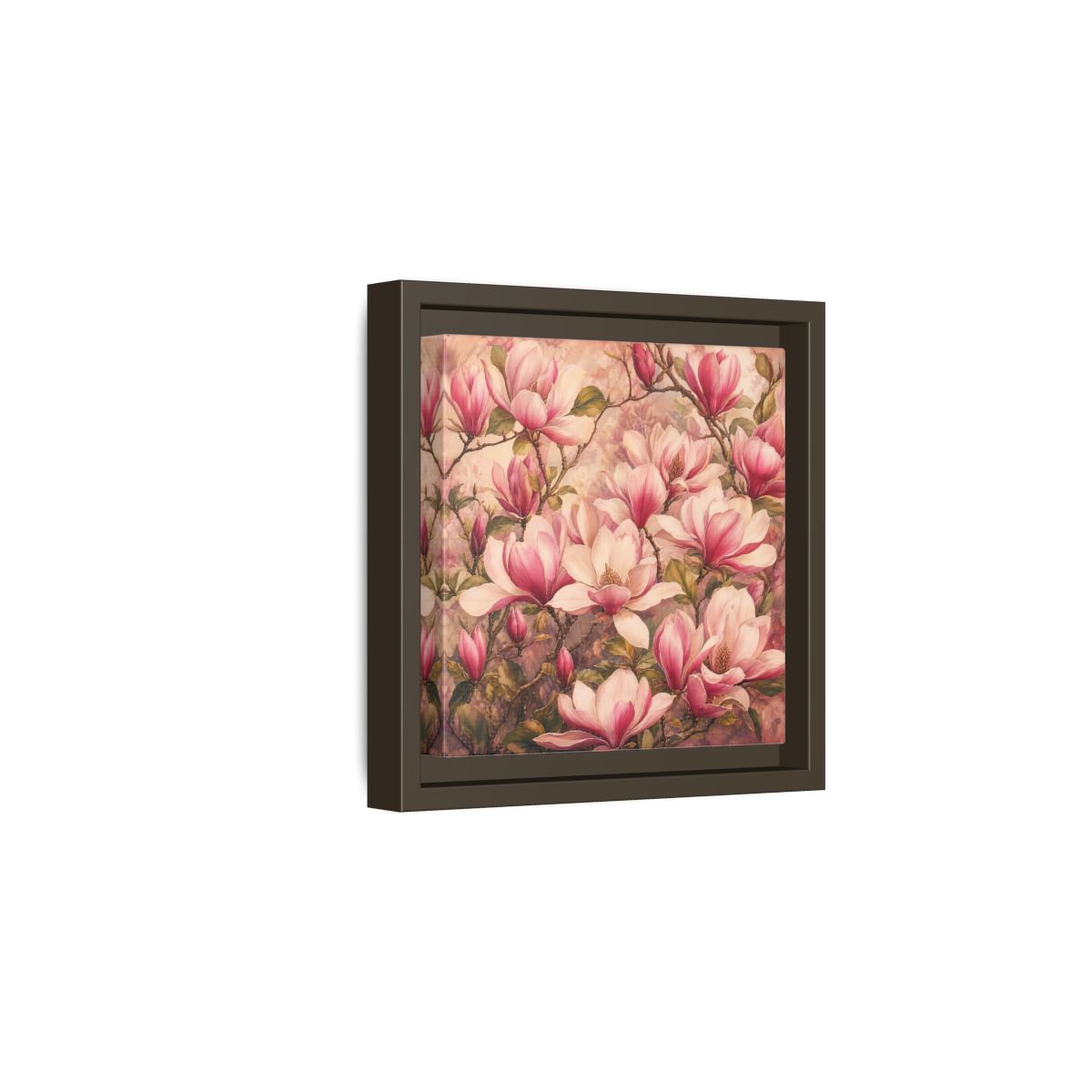 Side Mockup 2. Timeless Heritage Painting Pink Magnolia Blossoms On Branch shown as stretched canvas wall art