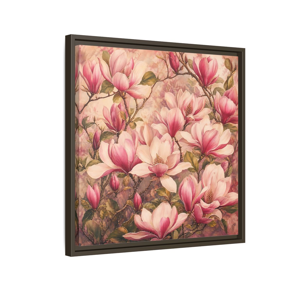 Side Mockup 11. Timeless Heritage Painting Pink Magnolia Blossoms On Branch shown as stretched canvas wall art