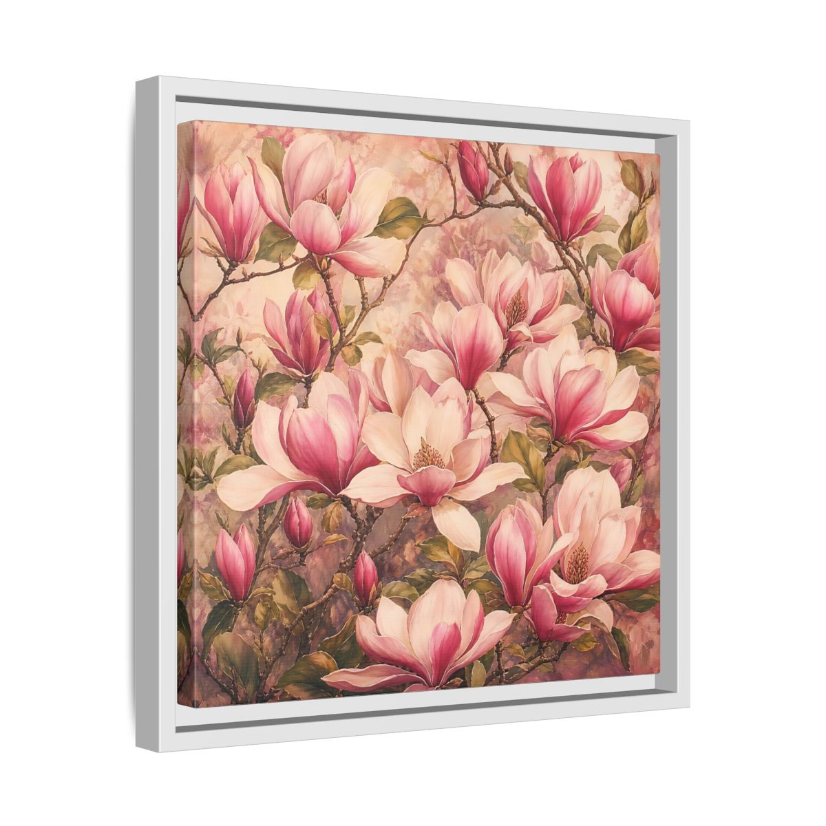 Side Mockup 28. Timeless Heritage Painting Pink Magnolia Blossoms On Branch shown as stretched canvas wall art
