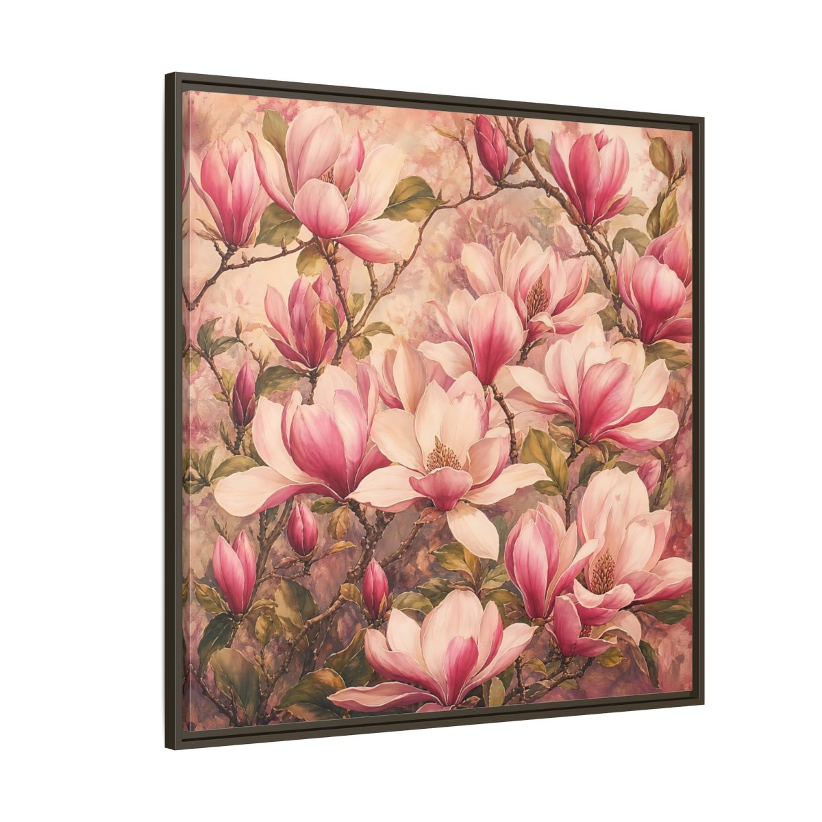 Side Mockup 5. Timeless Heritage Painting Pink Magnolia Blossoms On Branch shown as stretched canvas wall art
