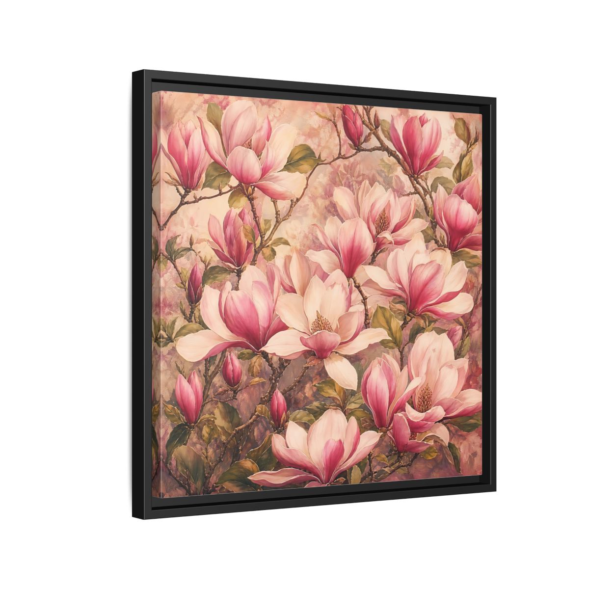 Side Mockup 12. Timeless Heritage Painting Pink Magnolia Blossoms On Branch shown as stretched canvas wall art