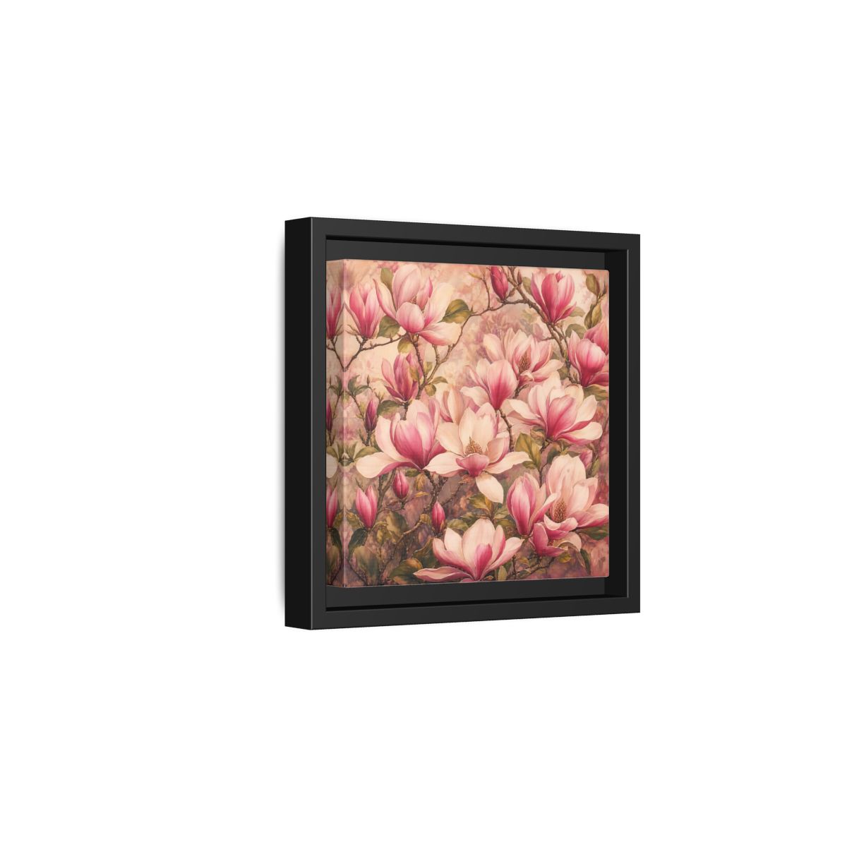 Side Mockup 3. Timeless Heritage Painting Pink Magnolia Blossoms On Branch shown as stretched canvas wall art