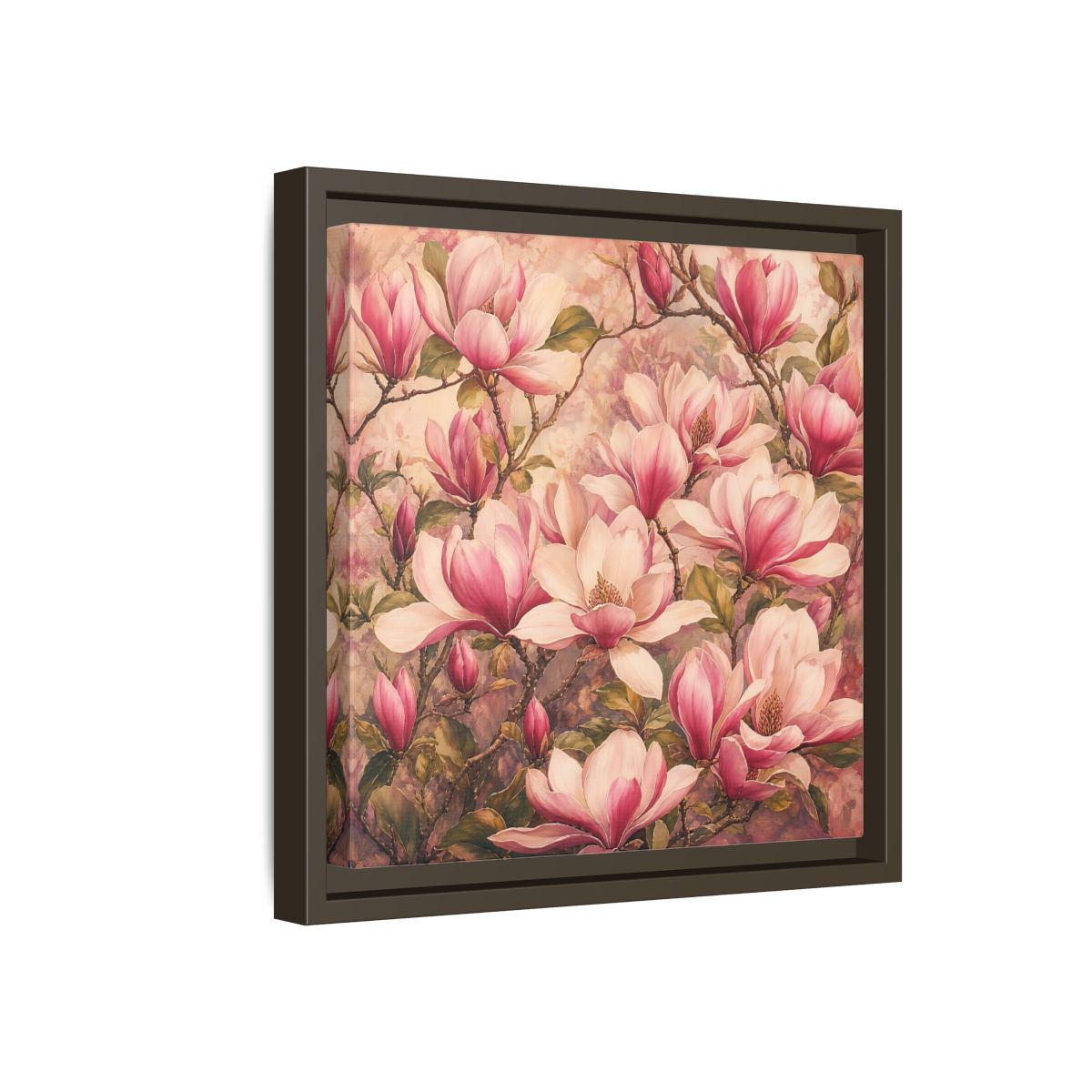 Side Mockup 17. Timeless Heritage Painting Pink Magnolia Blossoms On Branch shown as stretched canvas wall art