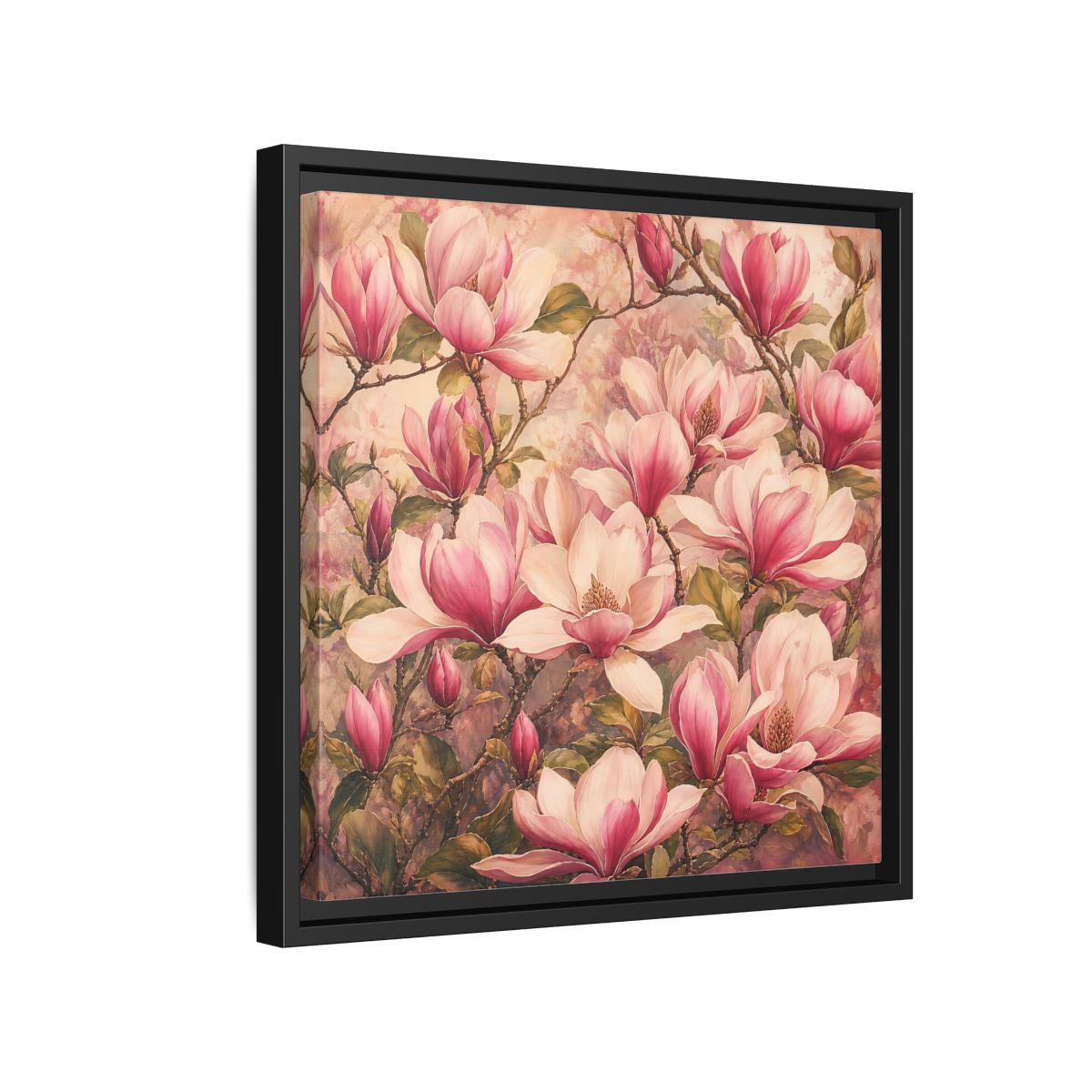Side Mockup 15. Timeless Heritage Painting Pink Magnolia Blossoms On Branch shown as stretched canvas wall art
