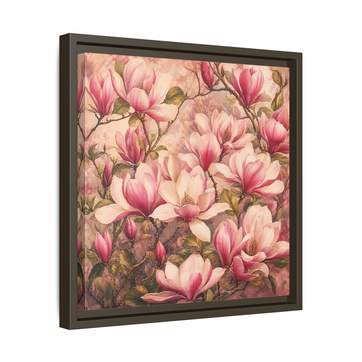 Side Mockup 29. Timeless Heritage Painting Pink Magnolia Blossoms On Branch shown as stretched canvas wall art