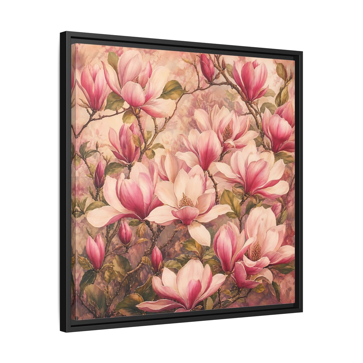 Side Mockup 31. Timeless Heritage Painting Pink Magnolia Blossoms On Branch shown as stretched canvas wall art