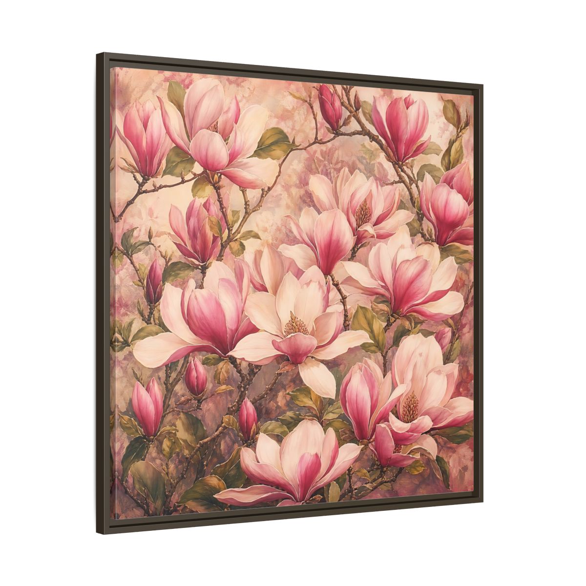 Main Mockup. Timeless Heritage Painting Pink Magnolia Blossoms On Branch shown as stretched canvas wall art