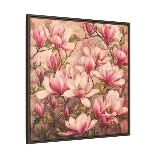 Main Mockup. Timeless Heritage Painting Pink Magnolia Blossoms On Branch shown as stretched canvas wall art