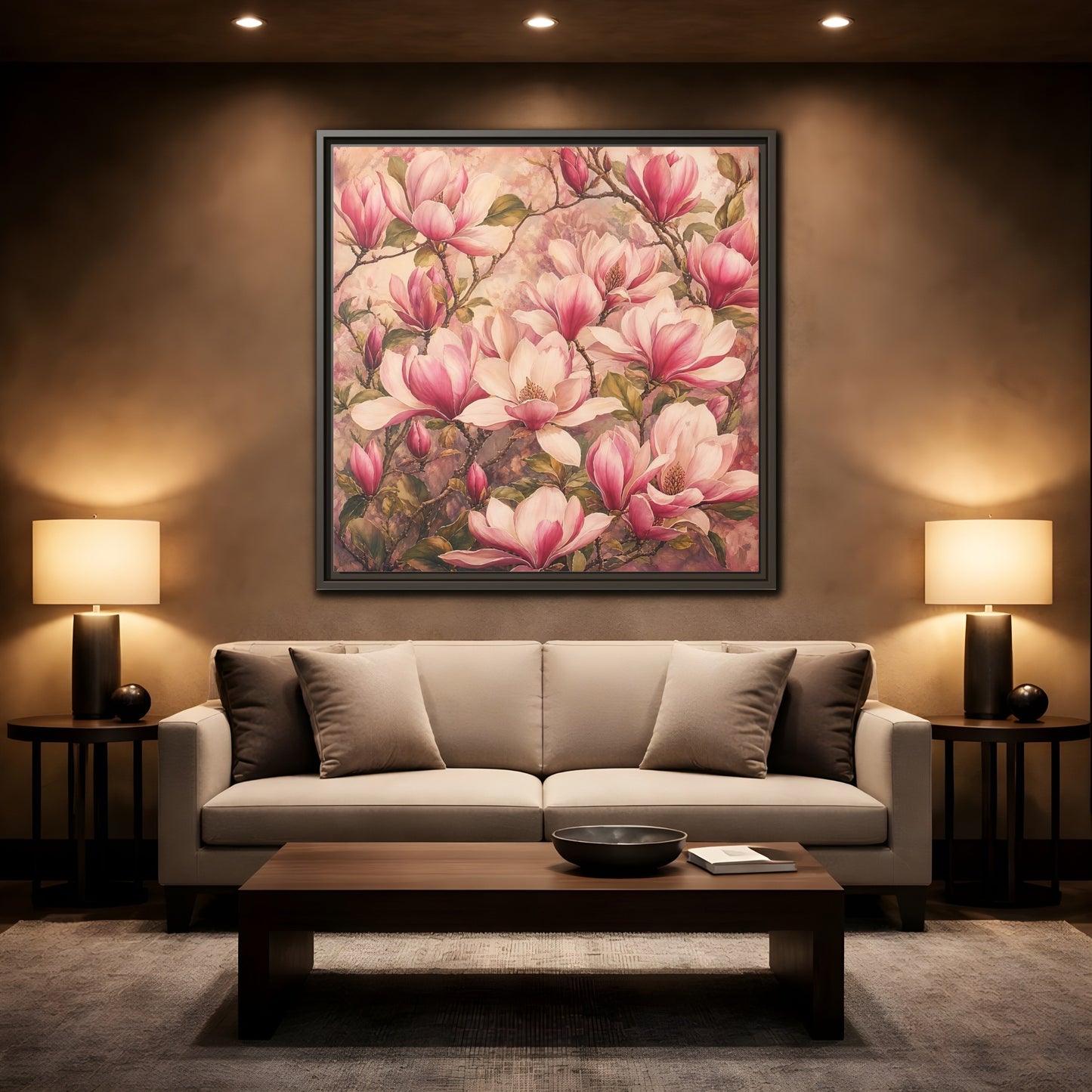 Mockup 2. Timeless Heritage Painting Pink Magnolia Blossoms On Branch shown as stretched canvas wall art