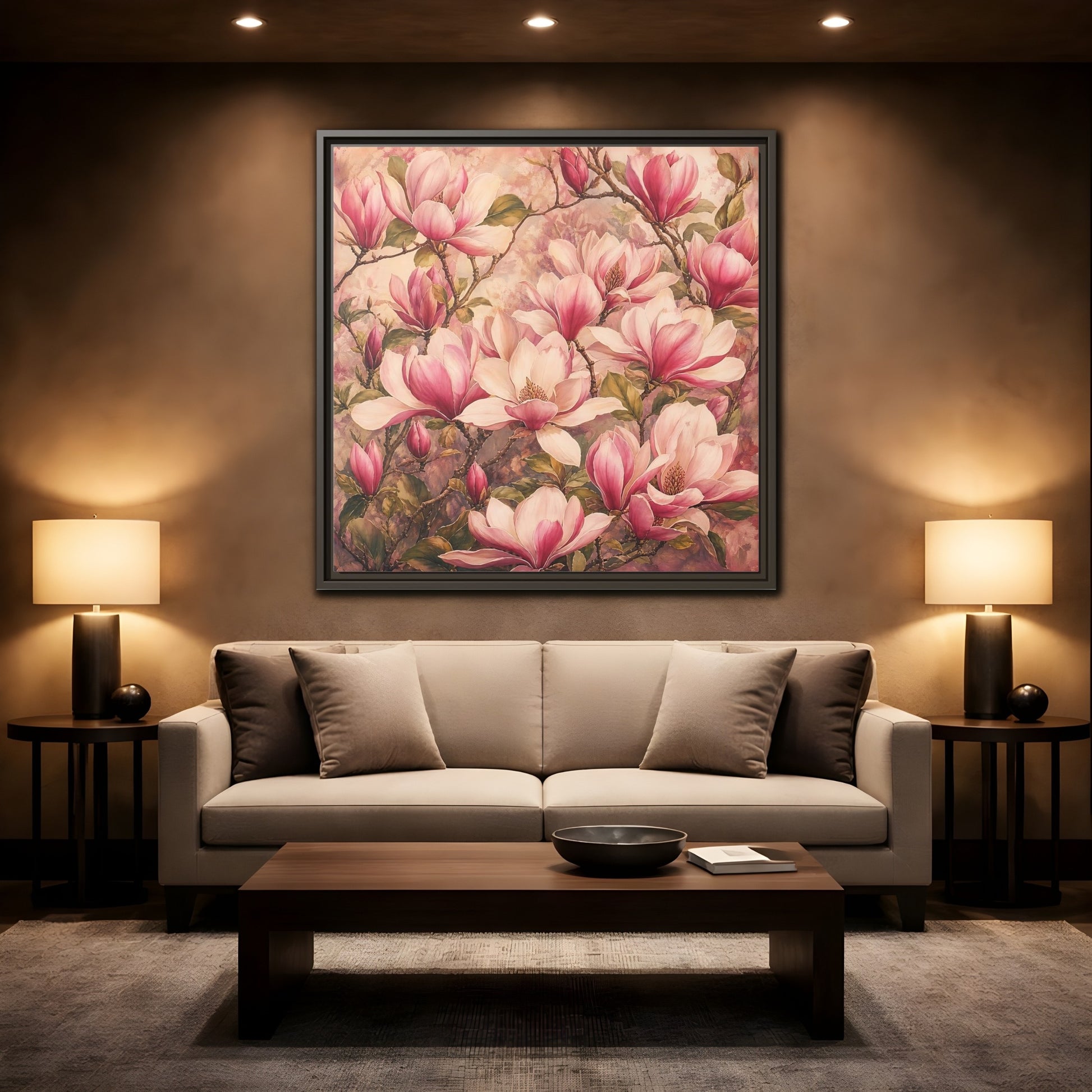 Mockup 2. Timeless Heritage Painting Pink Magnolia Blossoms On Branch shown as stretched canvas wall art