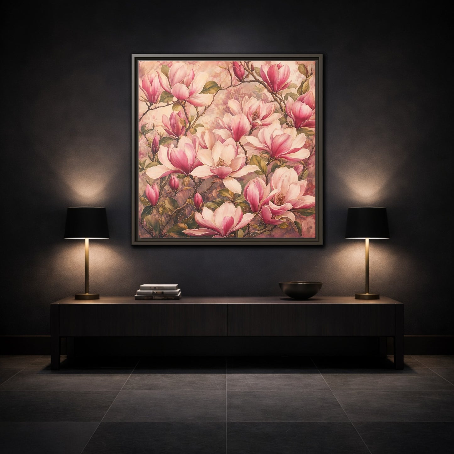 Mockup 3. Timeless Heritage Painting Pink Magnolia Blossoms On Branch shown as stretched canvas wall art