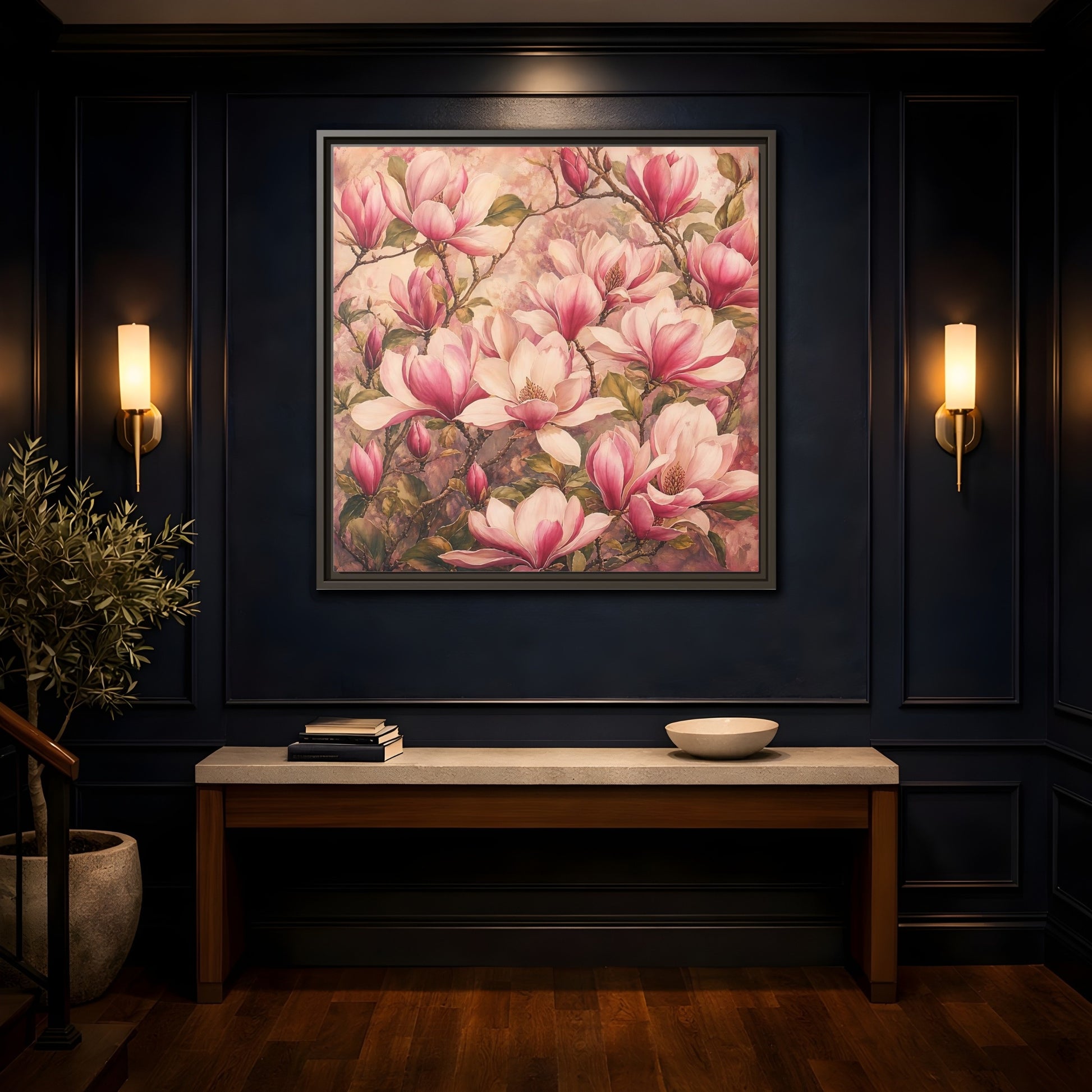 Mockup 4. Timeless Heritage Painting Pink Magnolia Blossoms On Branch shown as stretched canvas wall art