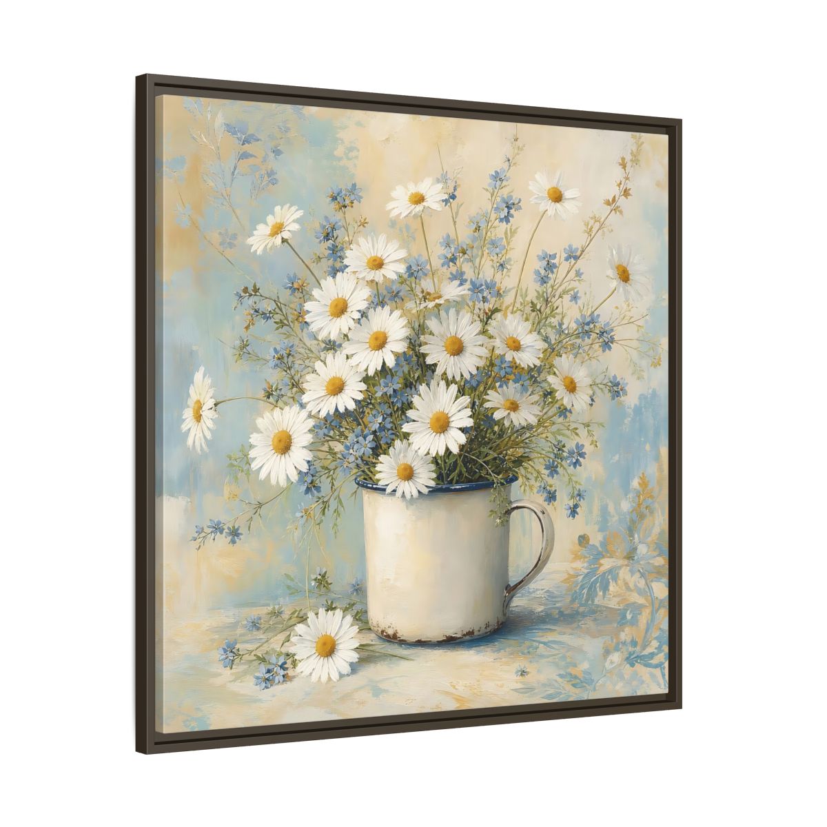 Main Mockup. Timeless Heritage Painting White Daisies In Enamel Cup shown as stretched canvas wall art