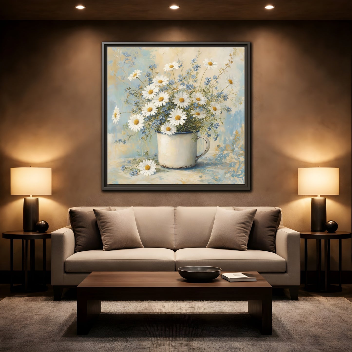 Mockup 2. Timeless Heritage Painting White Daisies In Enamel Cup shown as stretched canvas wall art