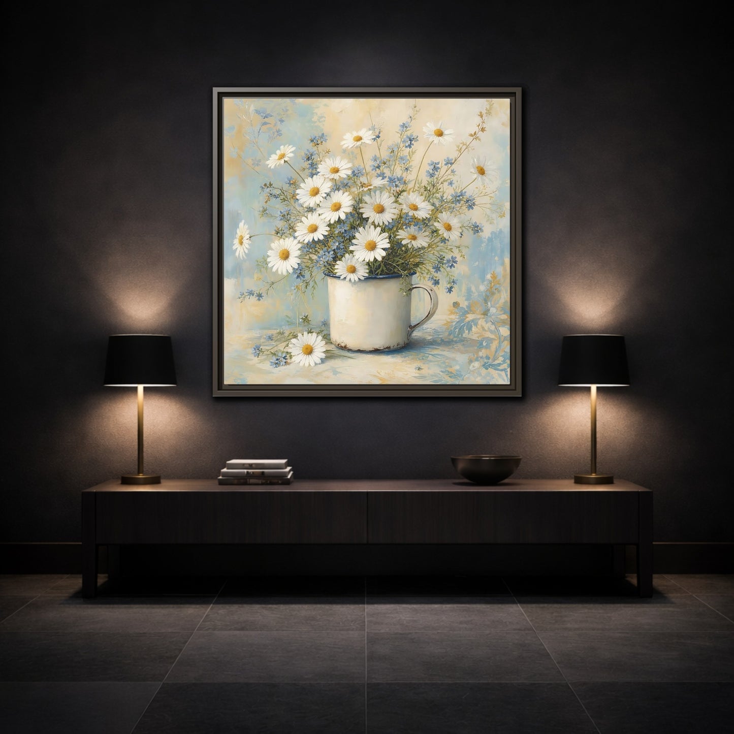 Mockup 3. Timeless Heritage Painting White Daisies In Enamel Cup shown as stretched canvas wall art