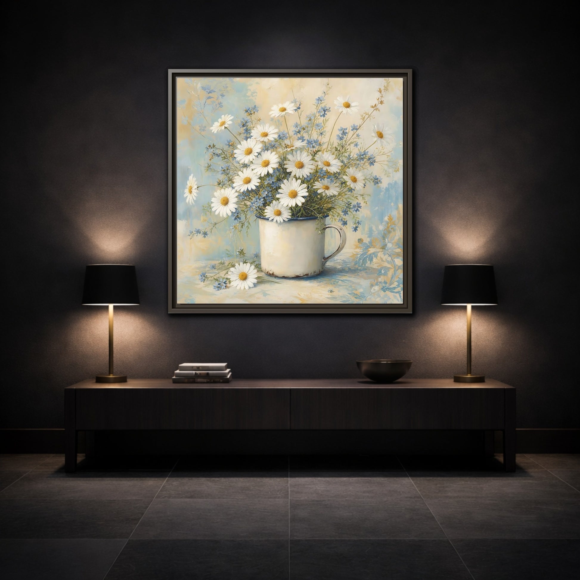 Mockup 3. Timeless Heritage Painting White Daisies In Enamel Cup shown as stretched canvas wall art