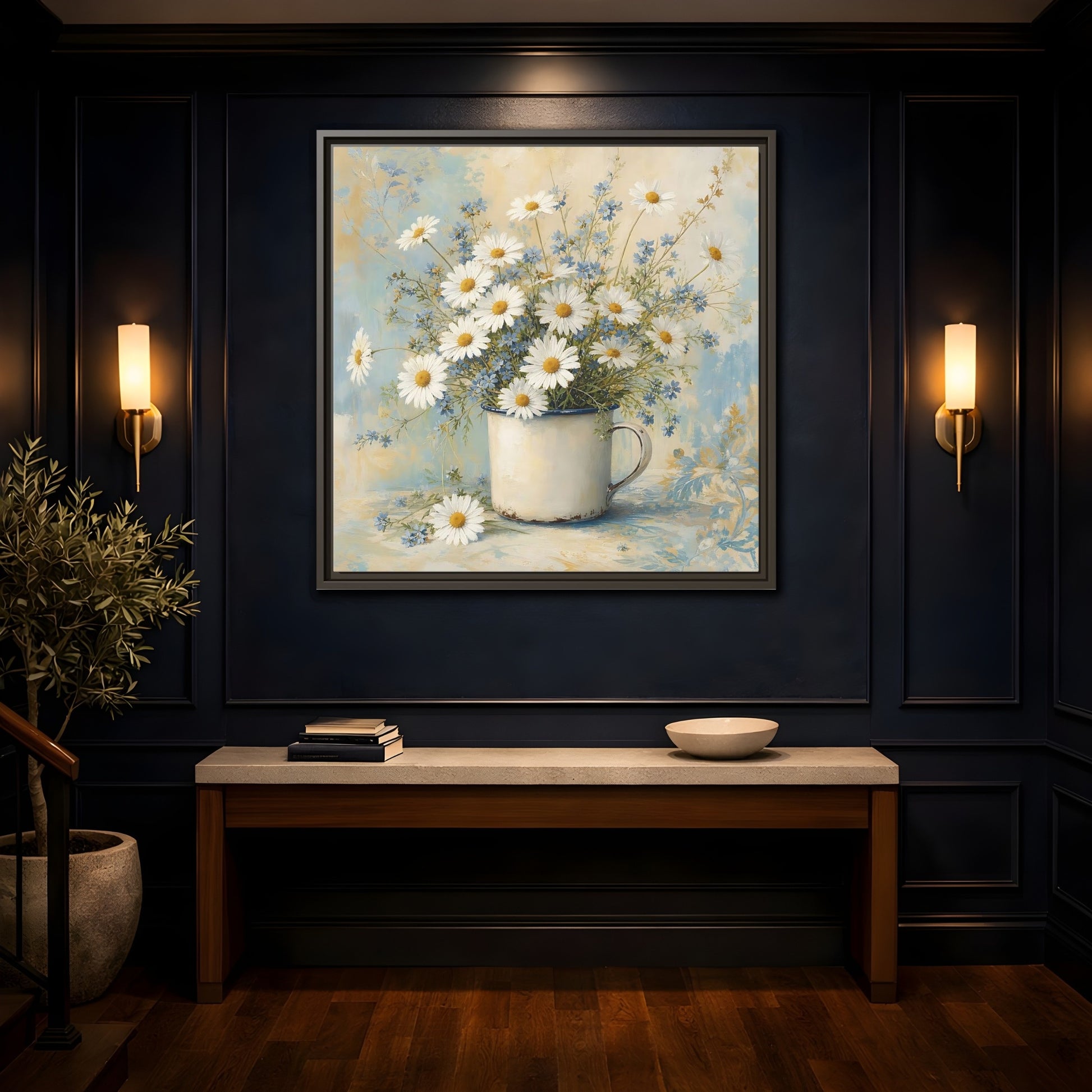 Mockup 4. Timeless Heritage Painting White Daisies In Enamel Cup shown as stretched canvas wall art