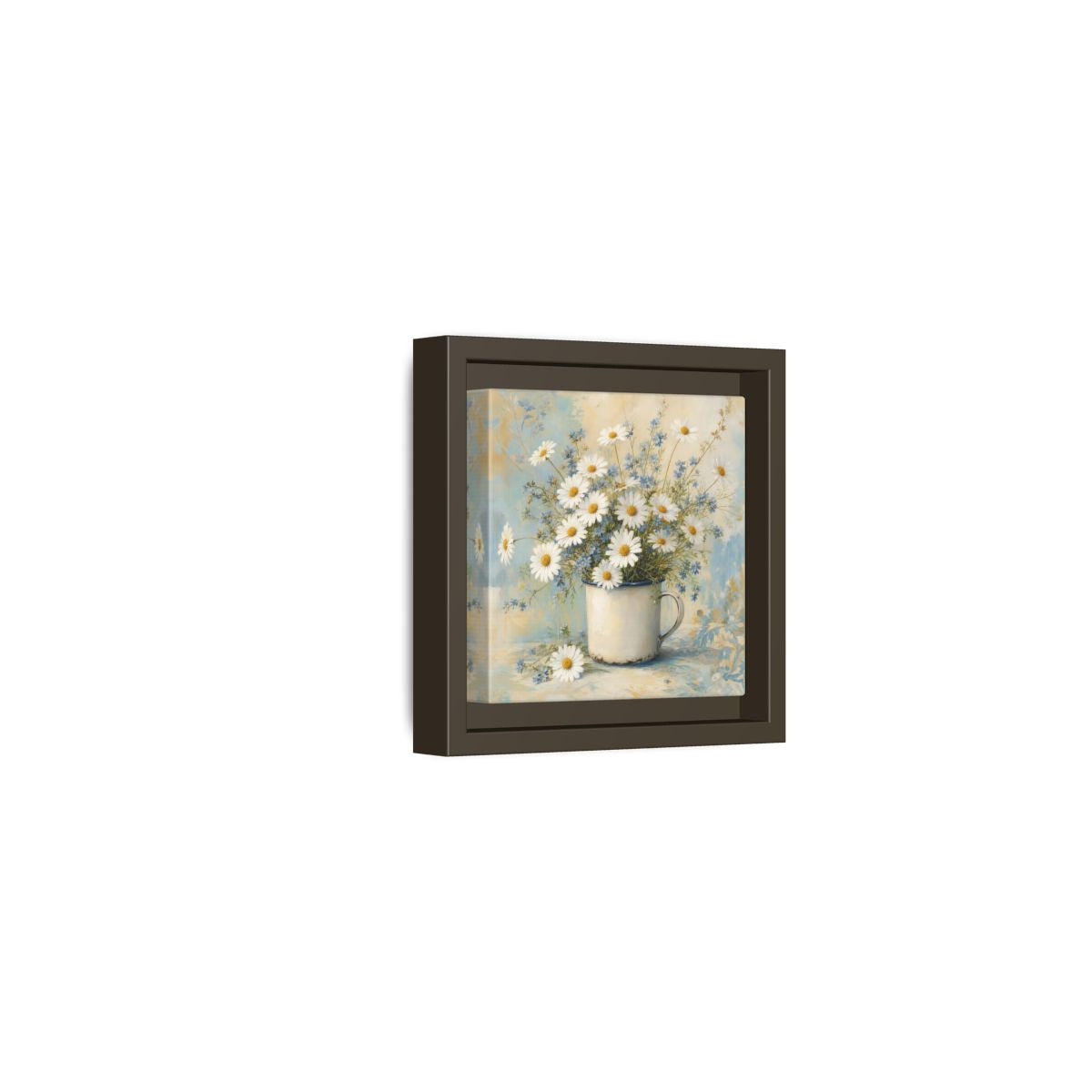 Side Mockup 23. Timeless Heritage Painting White Daisies In Enamel Cup shown as stretched canvas wall art