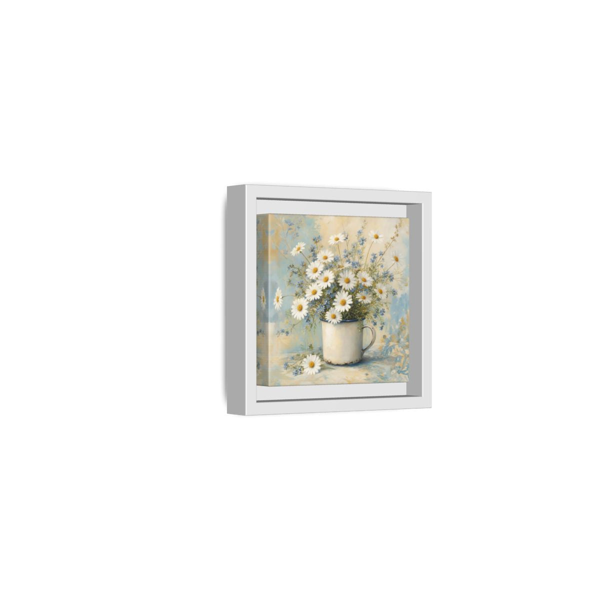 Side Mockup 22. Timeless Heritage Painting White Daisies In Enamel Cup shown as stretched canvas wall art