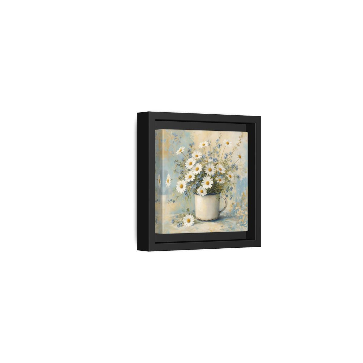 Side Mockup 24. Timeless Heritage Painting White Daisies In Enamel Cup shown as stretched canvas wall art