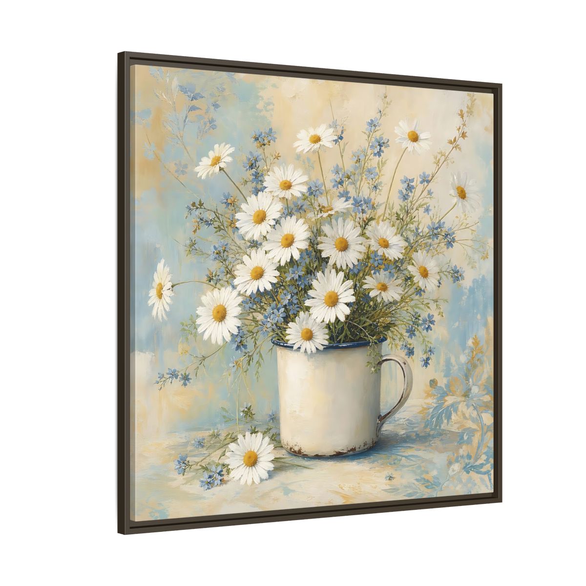 Side Mockup 5. Timeless Heritage Painting White Daisies In Enamel Cup shown as stretched canvas wall art