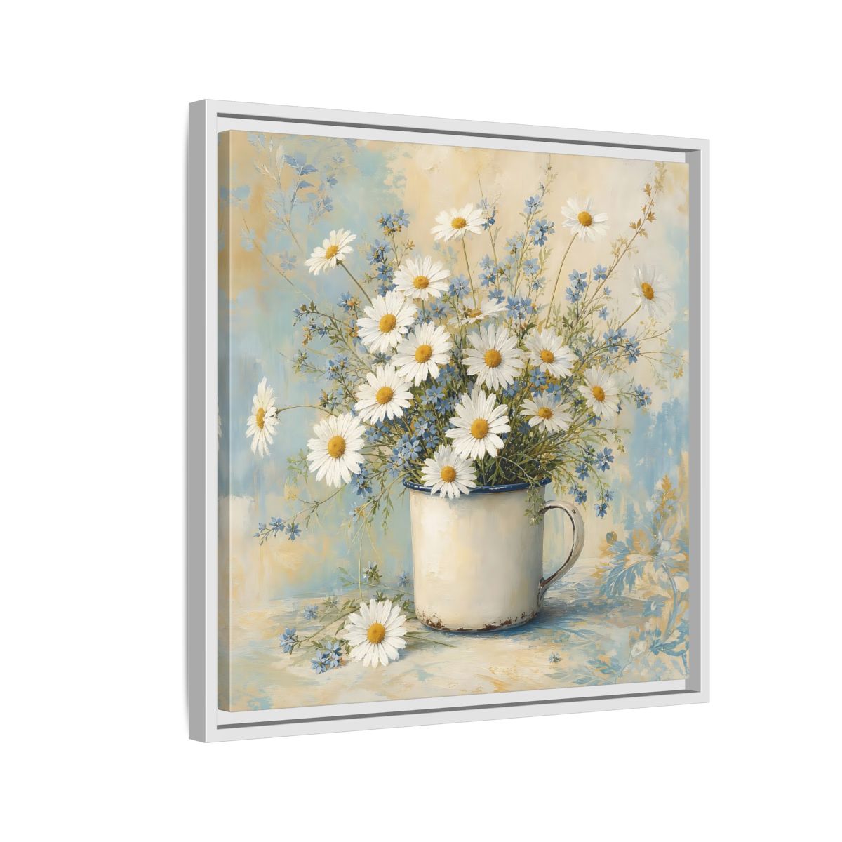 Side Mockup 10. Timeless Heritage Painting White Daisies In Enamel Cup shown as stretched canvas wall art