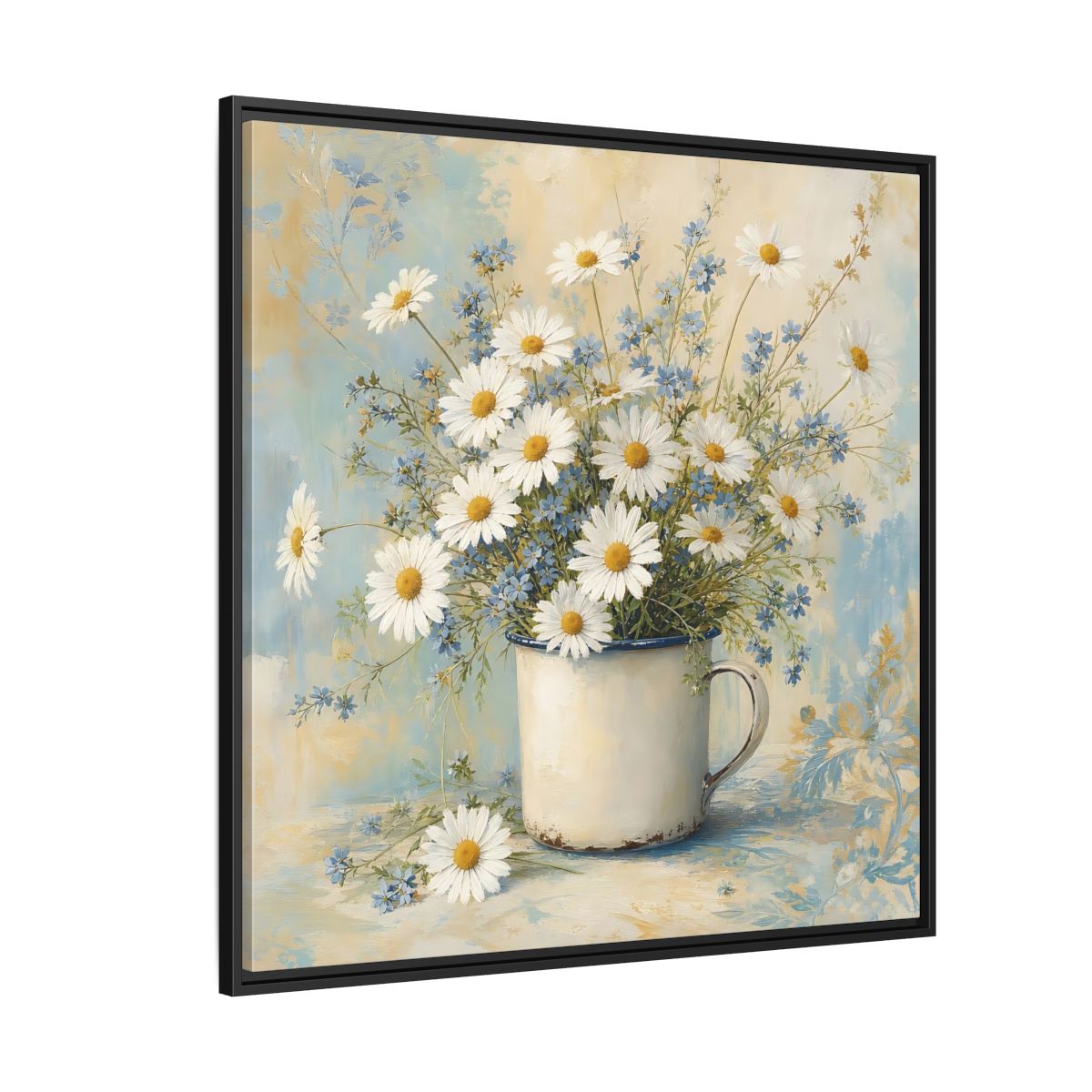 Side Mockup 6. Timeless Heritage Painting White Daisies In Enamel Cup shown as stretched canvas wall art