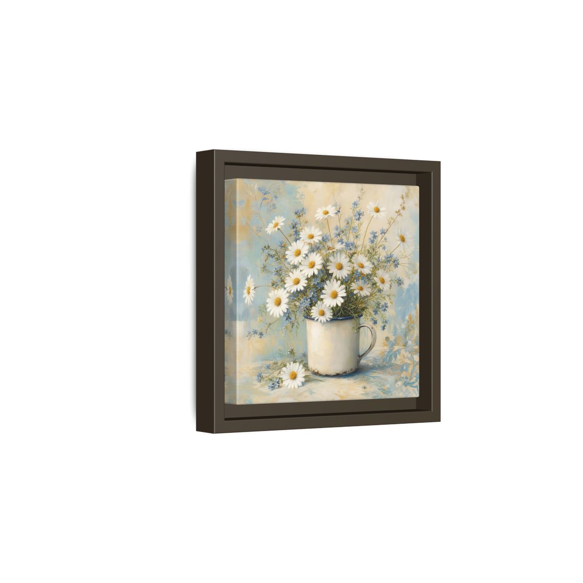 Side Mockup 2. Timeless Heritage Painting White Daisies In Enamel Cup shown as stretched canvas wall art