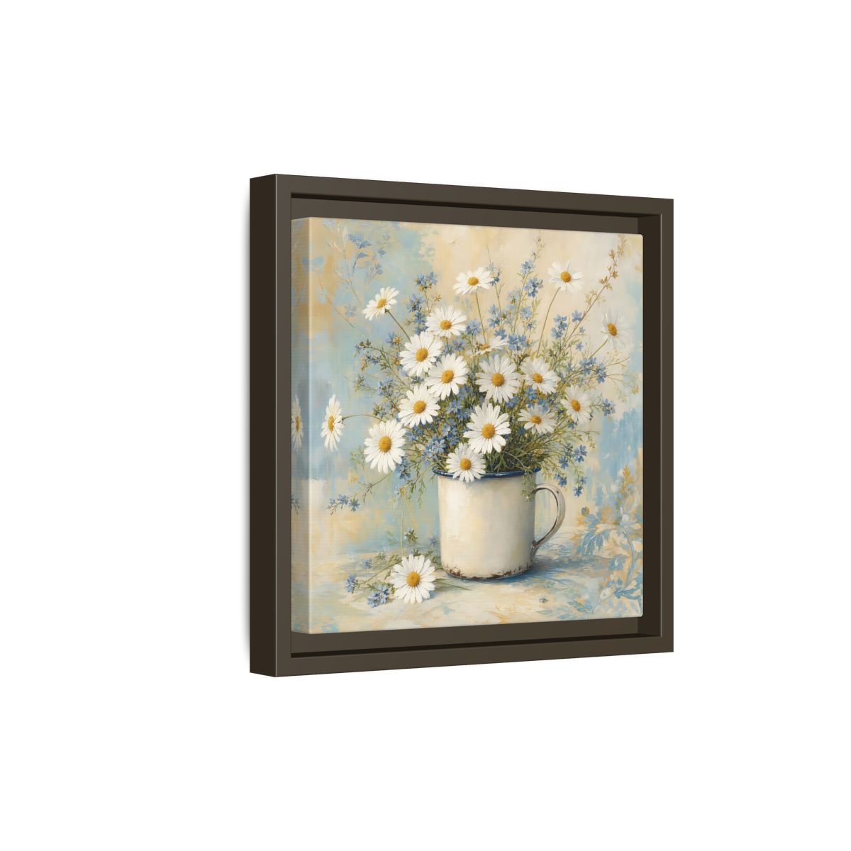 Side Mockup 20. Timeless Heritage Painting White Daisies In Enamel Cup shown as stretched canvas wall art