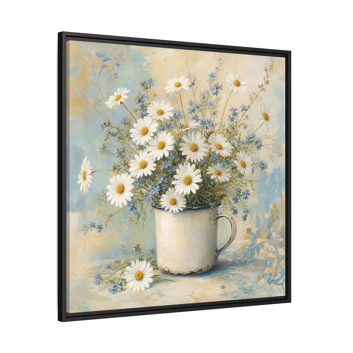 Side Mockup 30. Timeless Heritage Painting White Daisies In Enamel Cup shown as stretched canvas wall art