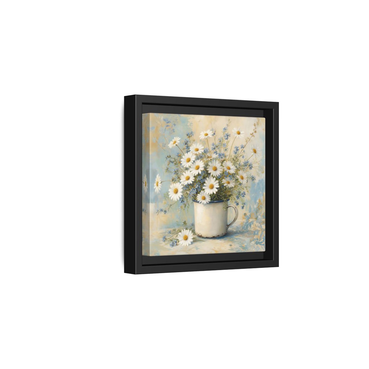 Side Mockup 3. Timeless Heritage Painting White Daisies In Enamel Cup shown as stretched canvas wall art