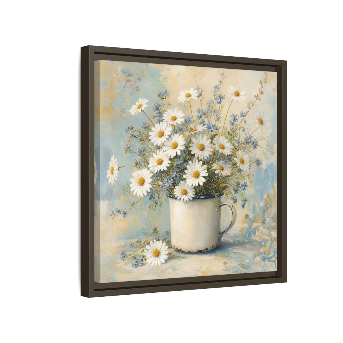 Side Mockup 14. Timeless Heritage Painting White Daisies In Enamel Cup shown as stretched canvas wall art