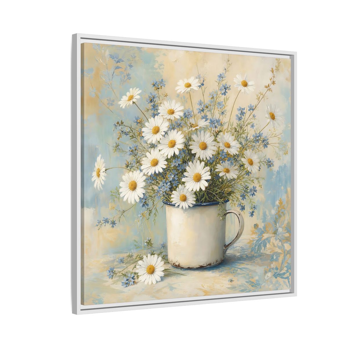 Side Mockup 7. Timeless Heritage Painting White Daisies In Enamel Cup shown as stretched canvas wall art