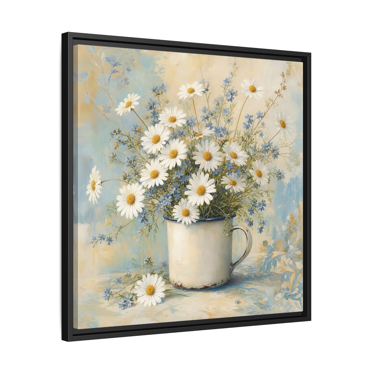 Side Mockup 31. Timeless Heritage Painting White Daisies In Enamel Cup shown as stretched canvas wall art