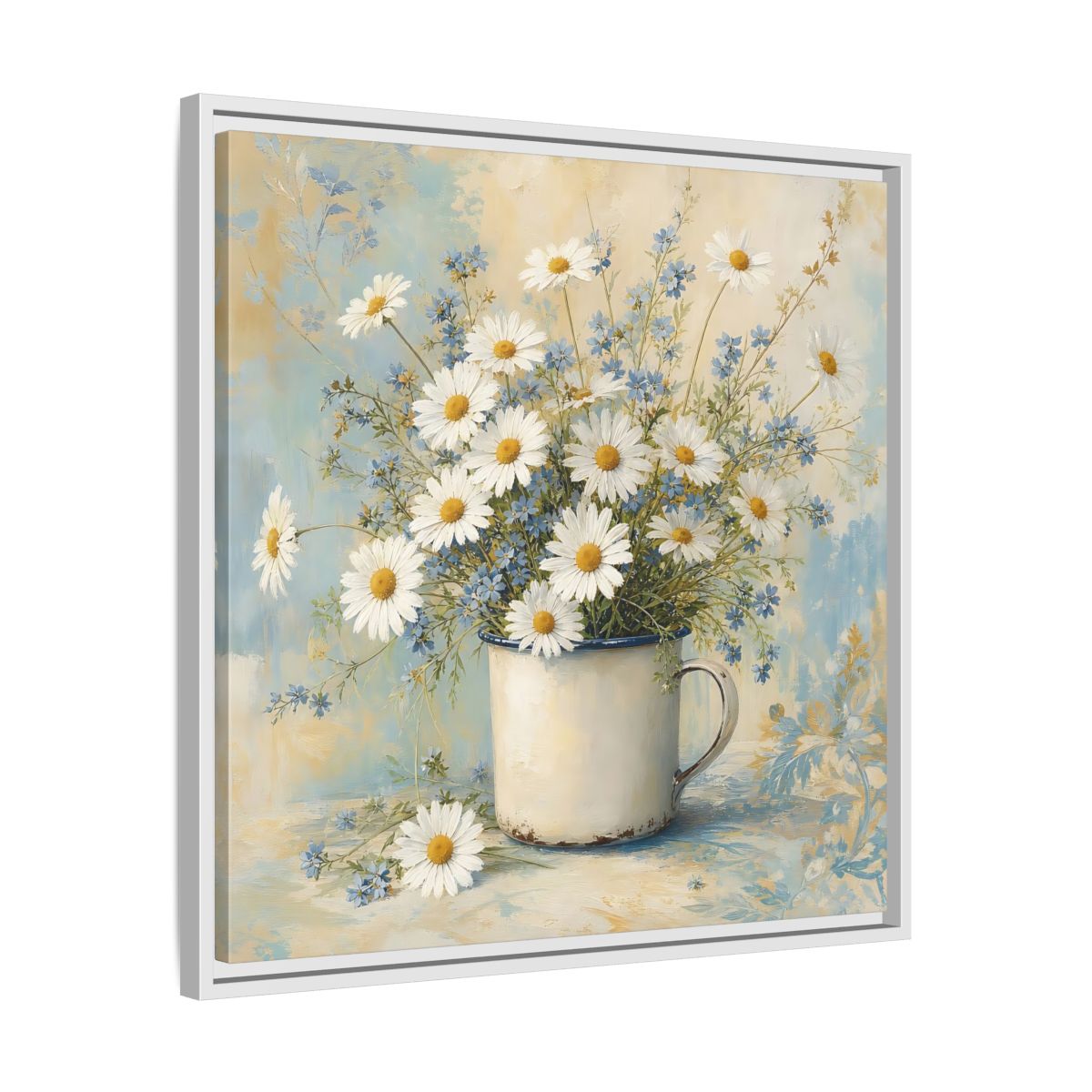 Side Mockup 26. Timeless Heritage Painting White Daisies In Enamel Cup shown as stretched canvas wall art