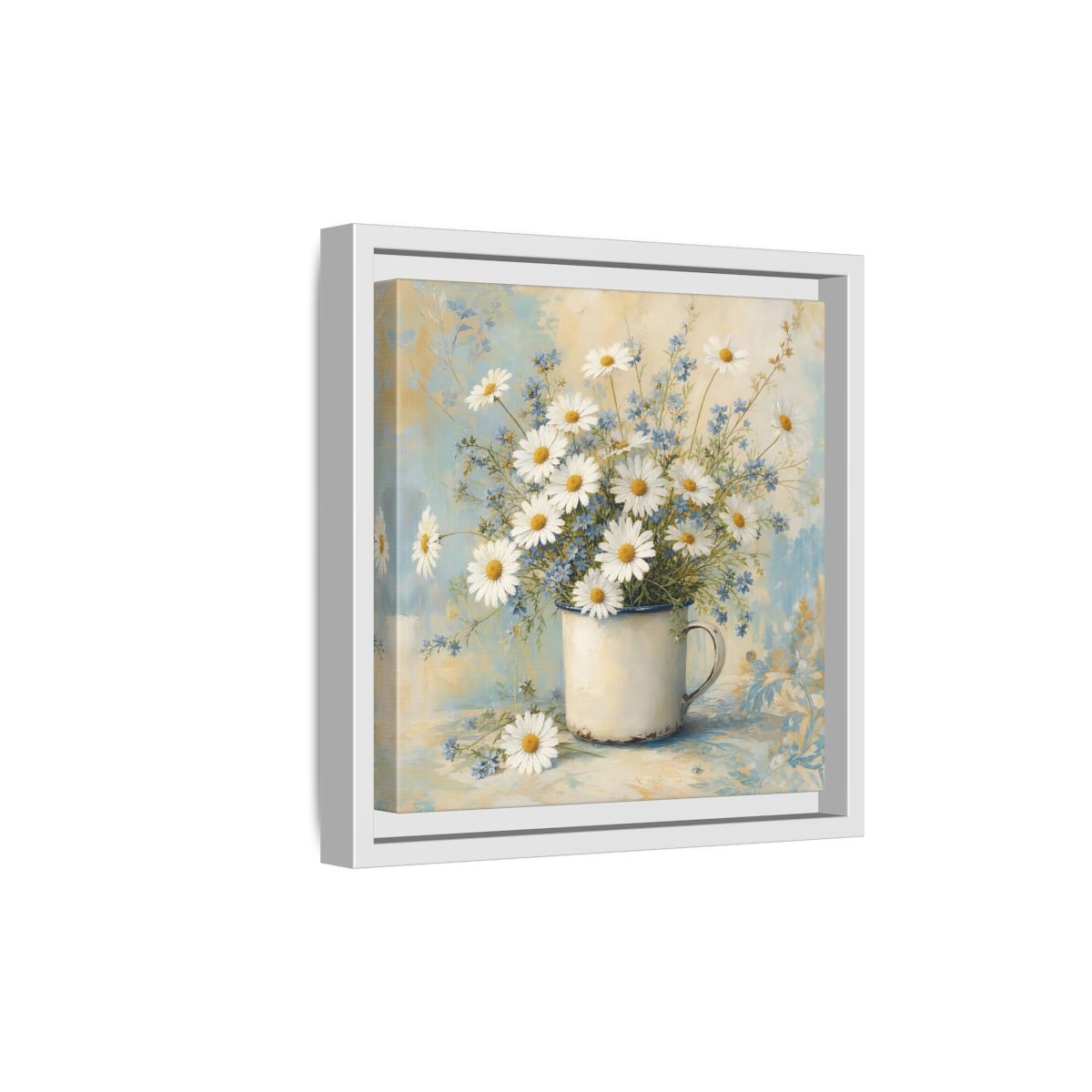 Side Mockup 19. Timeless Heritage Painting White Daisies In Enamel Cup shown as stretched canvas wall art