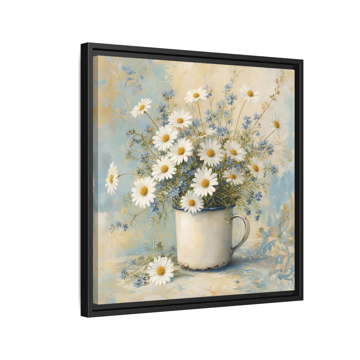 Side Mockup 12. Timeless Heritage Painting White Daisies In Enamel Cup shown as stretched canvas wall art