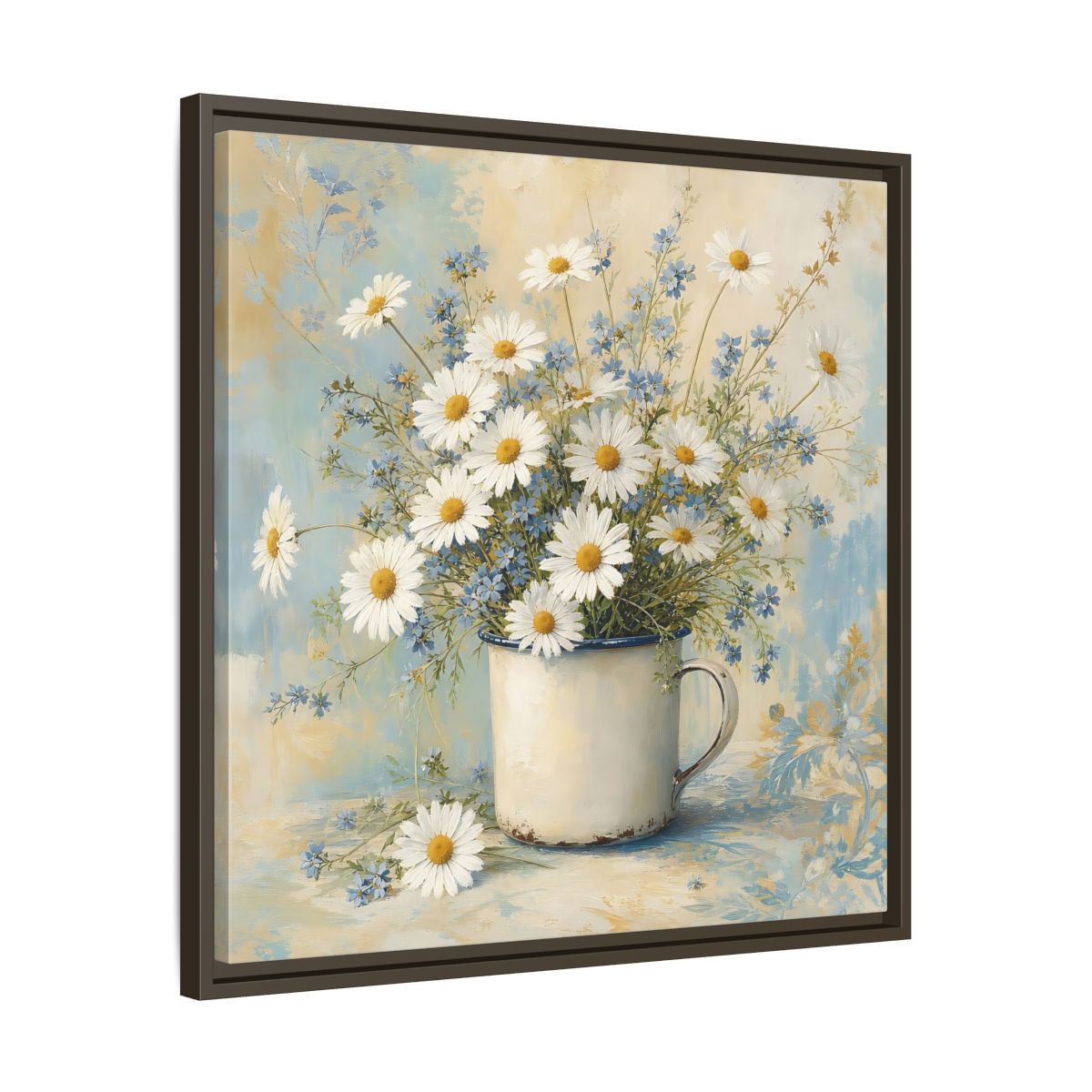 Side Mockup 27. Timeless Heritage Painting White Daisies In Enamel Cup shown as stretched canvas wall art