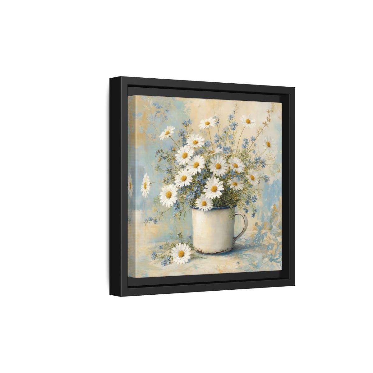 Side Mockup 21. Timeless Heritage Painting White Daisies In Enamel Cup shown as stretched canvas wall art