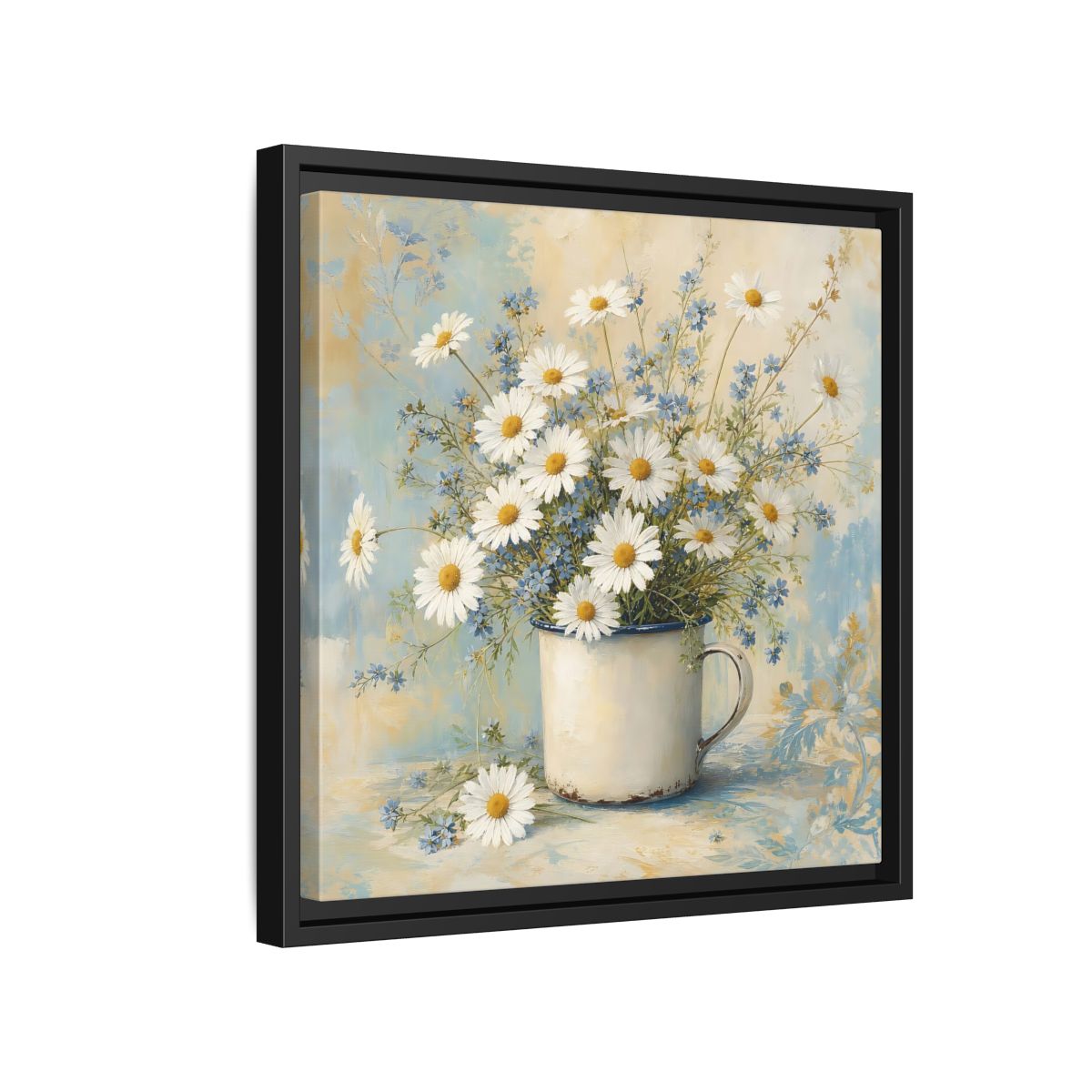 Side Mockup 15. Timeless Heritage Painting White Daisies In Enamel Cup shown as stretched canvas wall art
