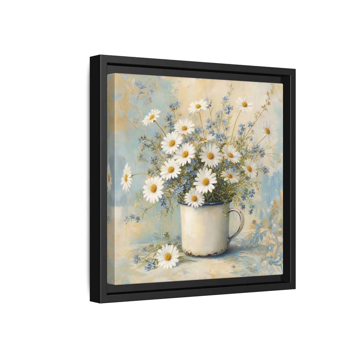 Side Mockup 18. Timeless Heritage Painting White Daisies In Enamel Cup shown as stretched canvas wall art