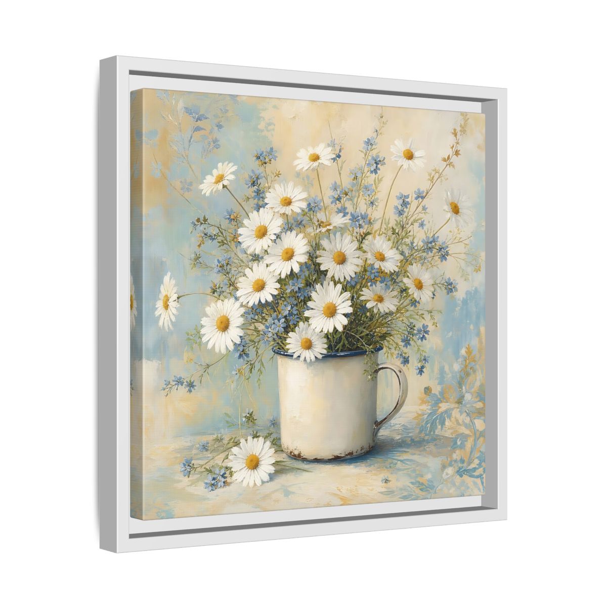 Side Mockup 28. Timeless Heritage Painting White Daisies In Enamel Cup shown as stretched canvas wall art