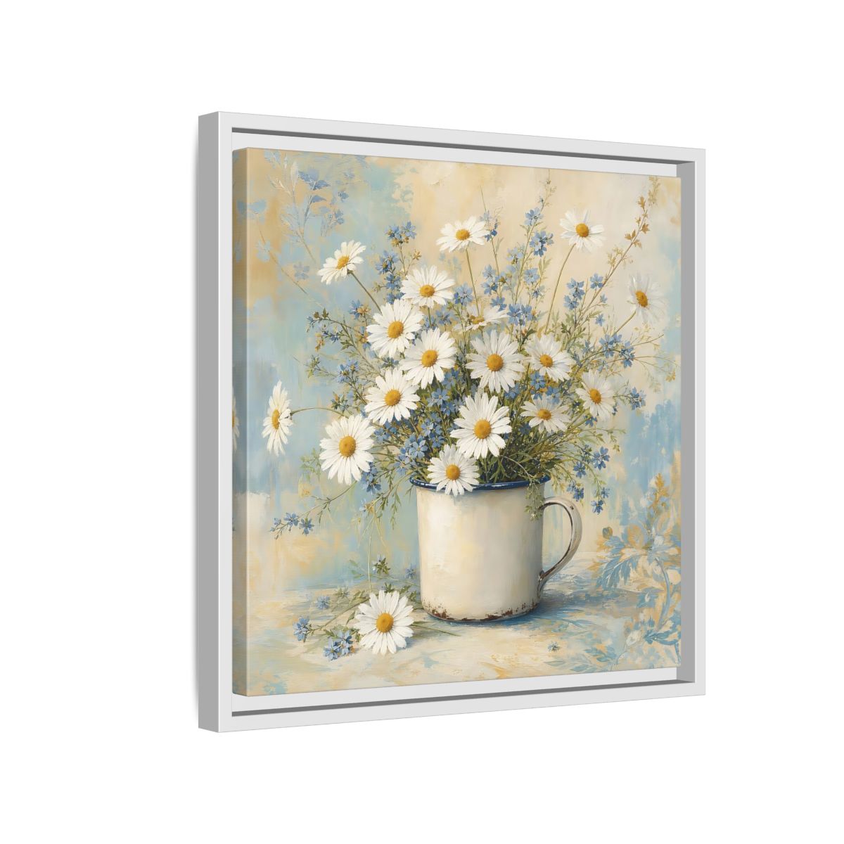 Side Mockup 13. Timeless Heritage Painting White Daisies In Enamel Cup shown as stretched canvas wall art
