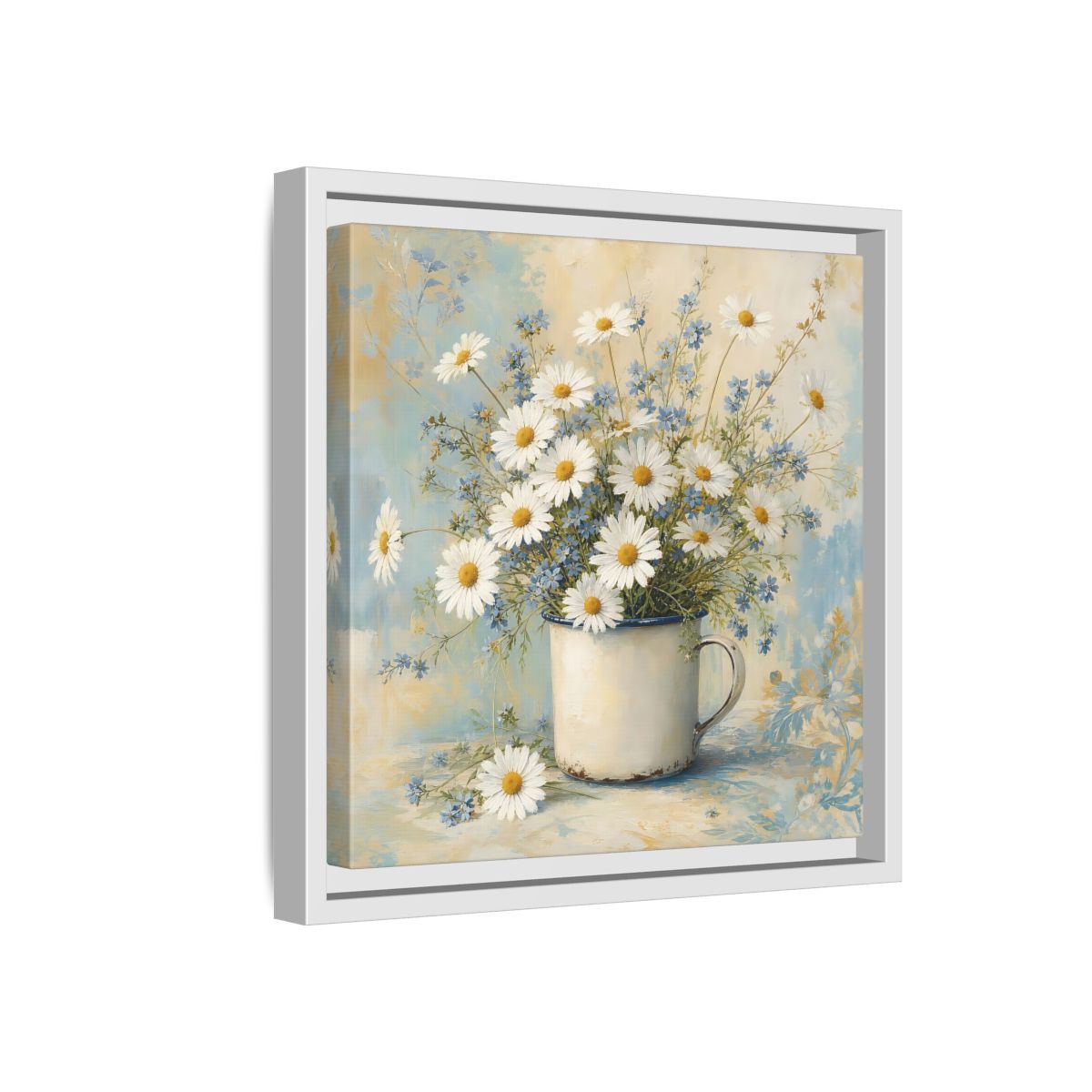Side Mockup 16. Timeless Heritage Painting White Daisies In Enamel Cup shown as stretched canvas wall art
