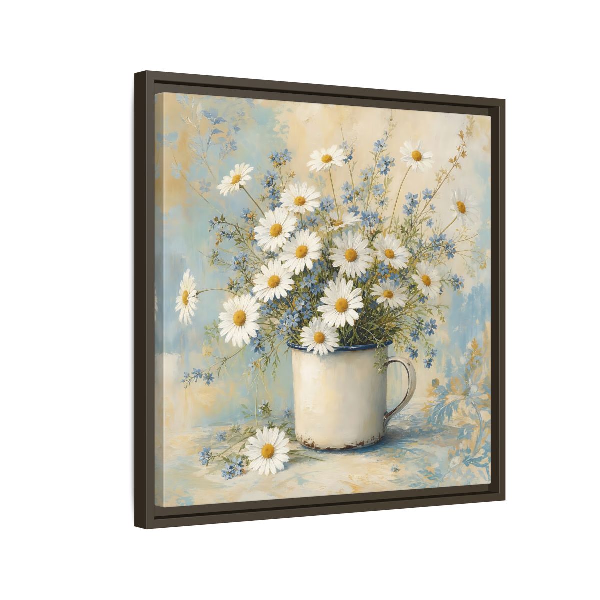 Side Mockup 11. Timeless Heritage Painting White Daisies In Enamel Cup shown as stretched canvas wall art